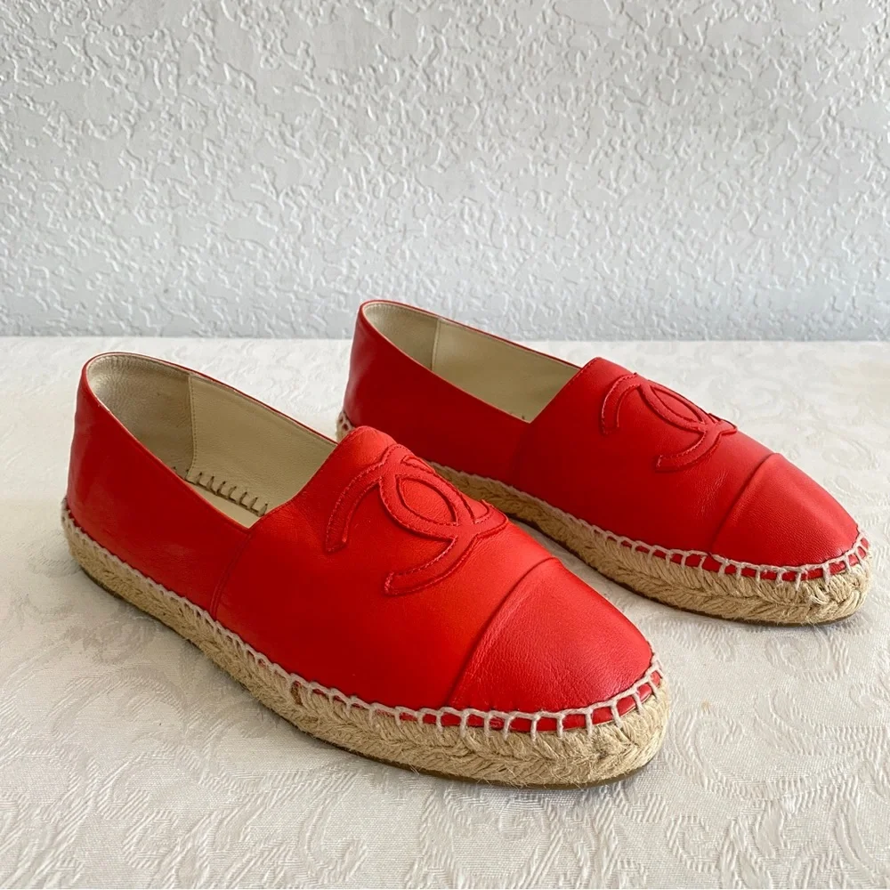 CHANEL coral red Lambskin CC Espadrilles